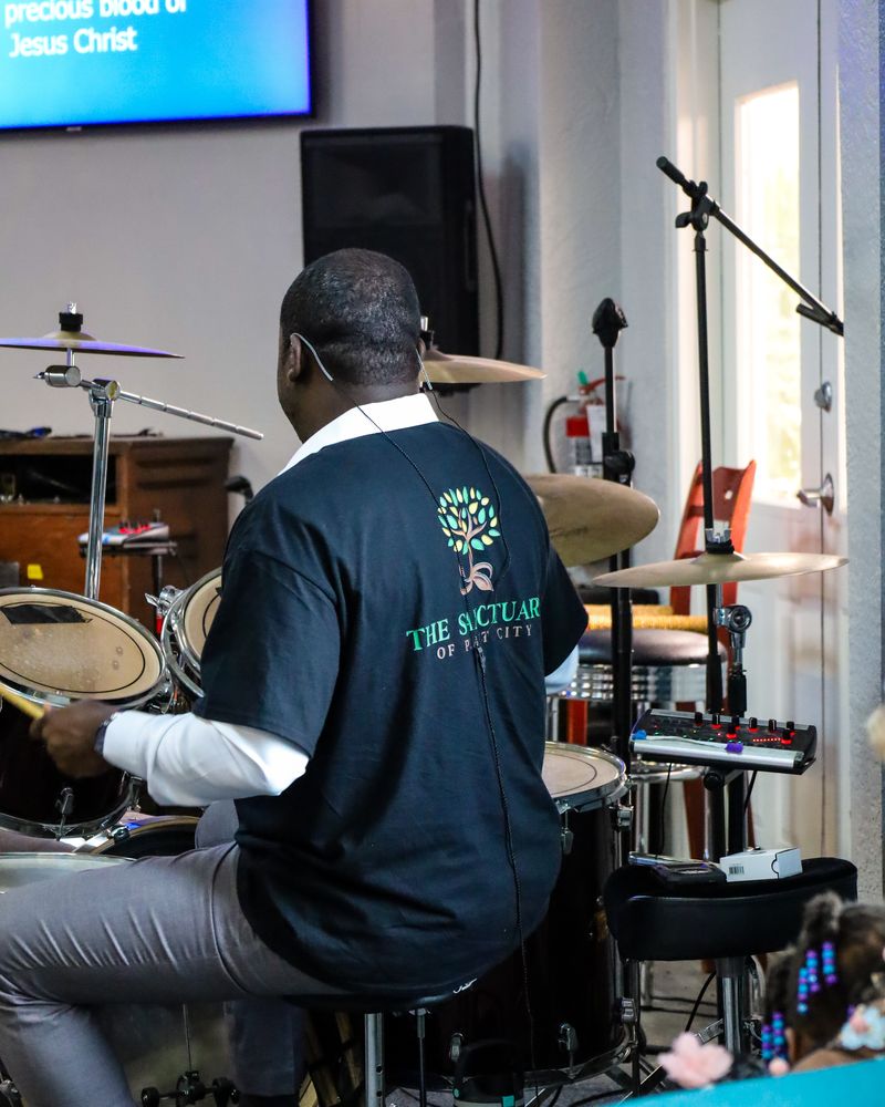 Drummer leading worship at The Sanctuary of Plant City